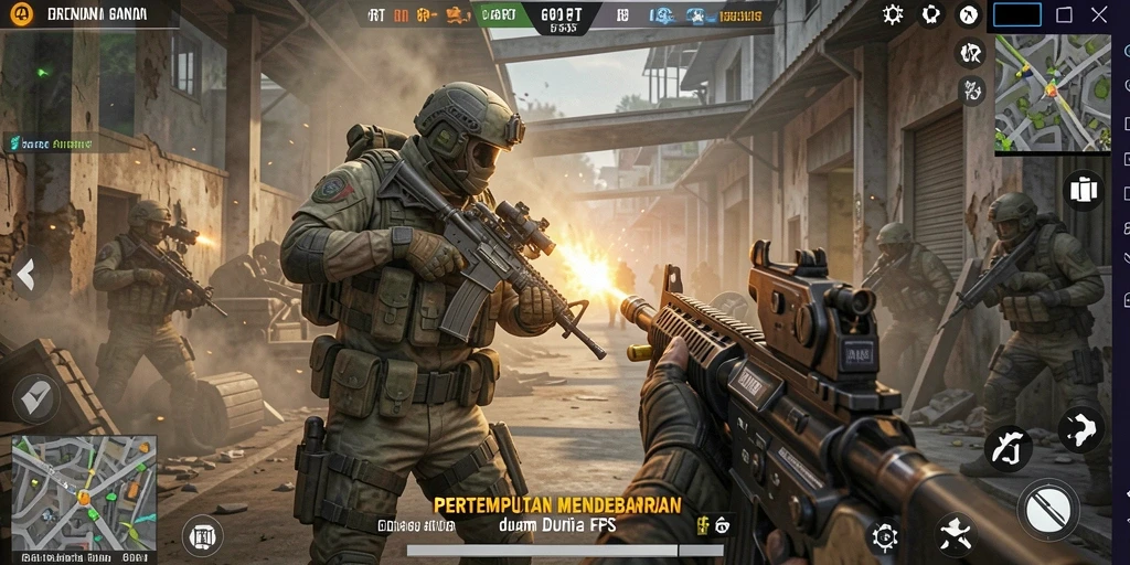 Tampilan gameplay seru dalam 6RT yang menampilkan aksi pertempuran FPS.