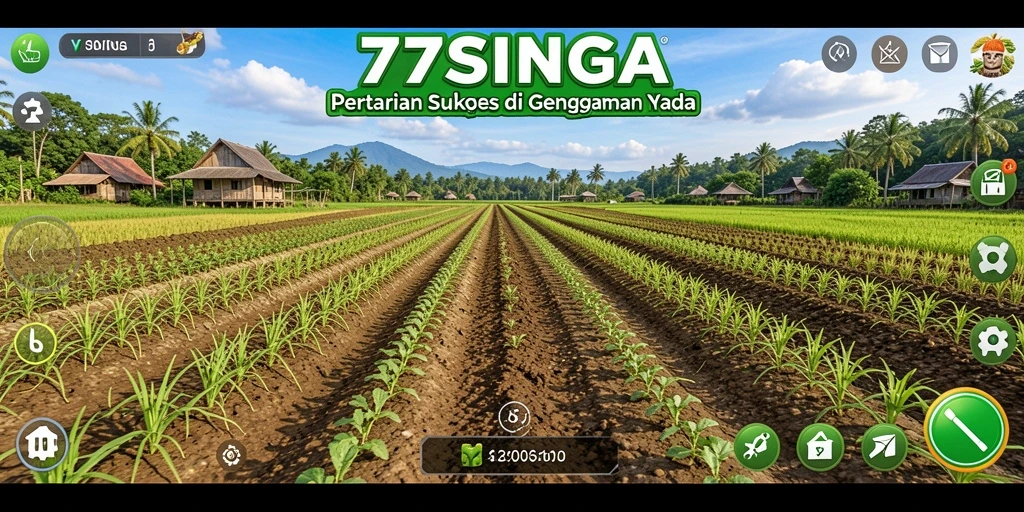 Screenshot gameplay 77SINGA menunjukkan ladang hijau yang subur dan aktivitas bercocok tanam.