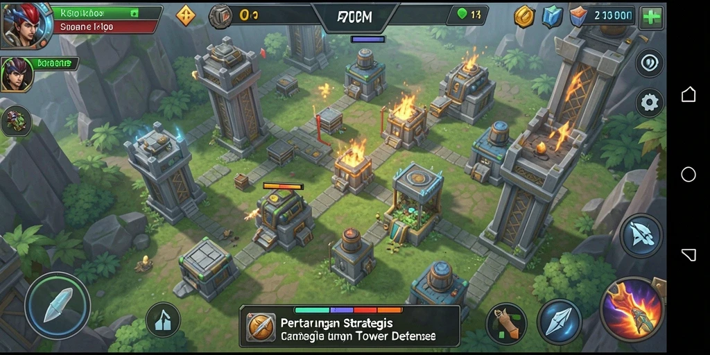 Screenshot A200M menampilkan pertempuran menara yang seru dan strategis.