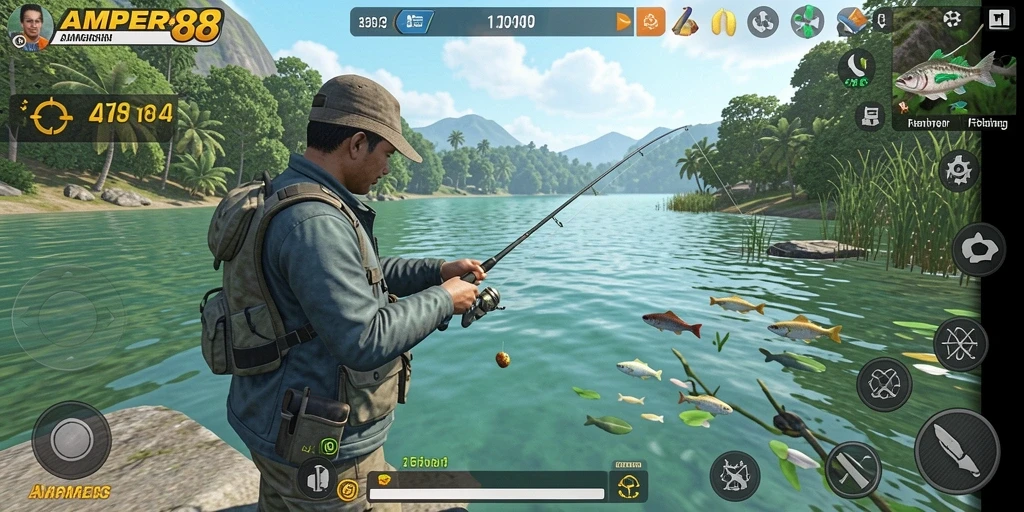 Screenshot gameplay <strong>AMPER88</strong> yang menampilkan momen seru menangkap ikan.
