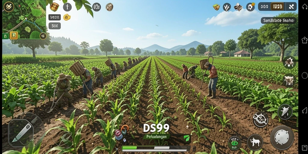 Tampilan gameplay DS99 yang menarik dan penuh warna saat bertani.