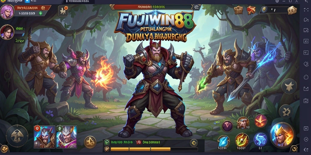 Screenshot menampilkan pertempuran epik dalam FUJIWIN88 di dunia fantasi.
