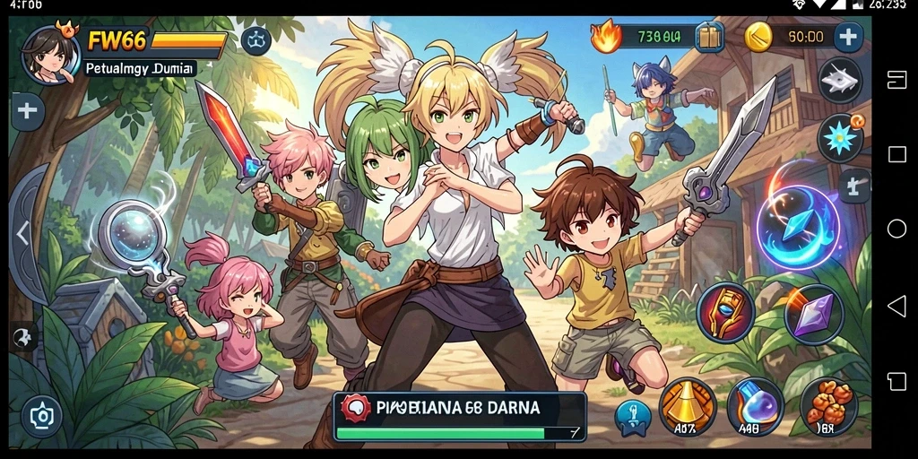 Tampilan gameplay seru FW66 dengan karakter anime ikonik.