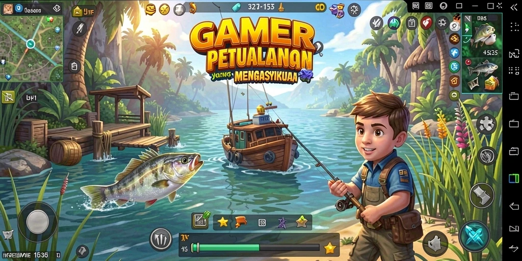 Tampilan gameplay GAMERP menampilkan momen seru saat memancing.