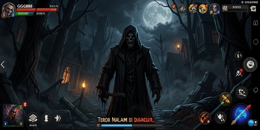 Tampilan gameplay menegangkan GGG888 dengan suasana mencekam dan grafis menakjubkan.
