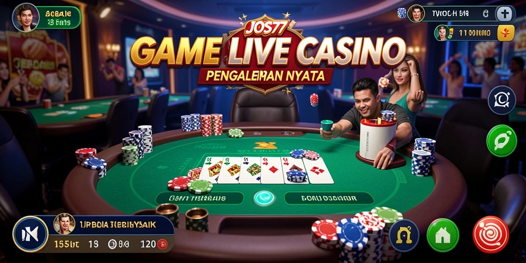Screenshot gameplay <strong>JOS77</strong> dengan dealer langsung dan pemain lain yang terlibat.