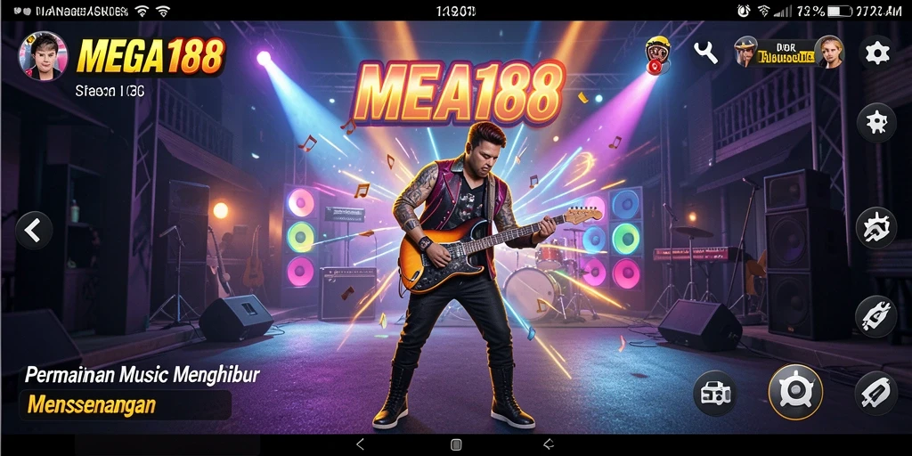 Tampilan gameplay MEGA188 yang menarik dengan alat musik dan lagu-lagu seru.