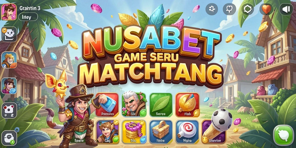 Screenshot gameplay NUSABET menampilkan level Match-3 yang penuh warna.
