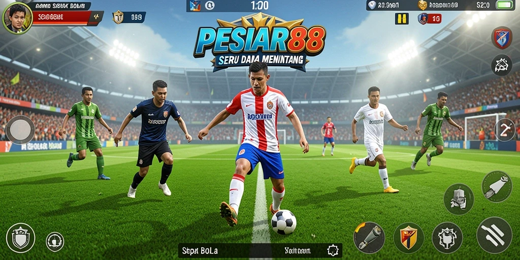 Screenshot PESIAR88 menampilkan aksi pertandingan sepak bola yang mendebarkan.