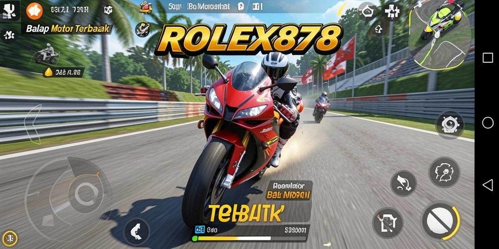 Screenshot gameplay ROLEX878 yang menampilkan balapan motor yang intens.